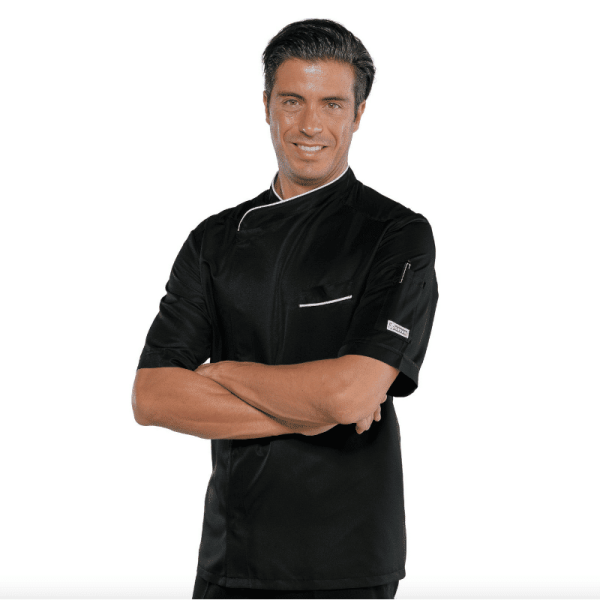 veste de cuisine noire manches courtes liseré blanc